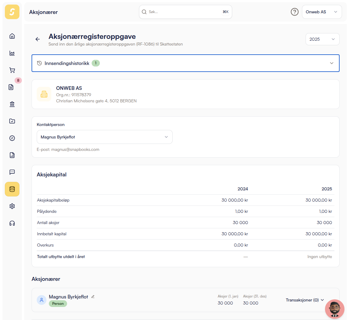 Aksjonærregisteroppgaven i Snapbooks