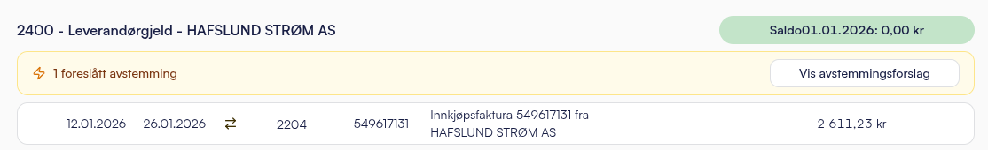 Hovedboken i Snapbooks: konto 2400 Leverandørgjeld med ett foreslått avstemmingsforslag og knappen «Vis avstemmingsforslag»