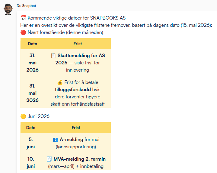 Dr. Snapbot svarer med kalenderhendelser i Snapbooks-chatten