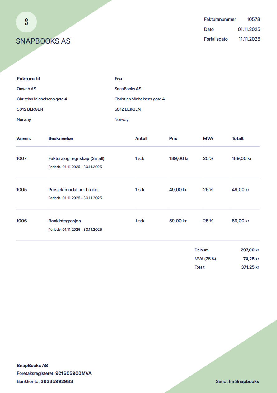 Eksempel på faktura fra Snapbooks