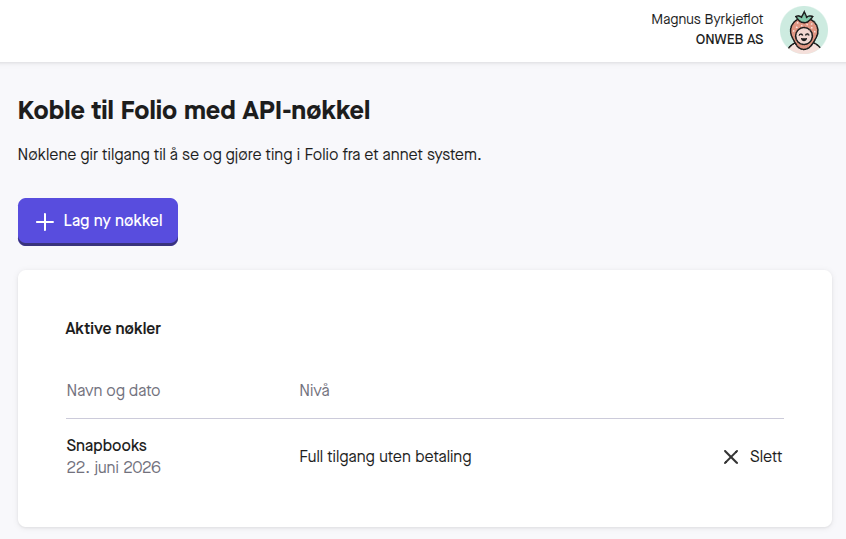 Opprett en API-nøkkel i Folio under API-tilgang ved å klikke «Lag ny nøkkel»
