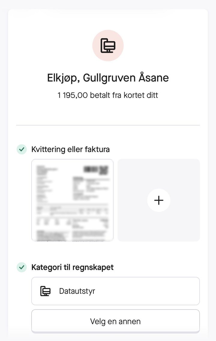 Et kortkjøp i Folio-appen med kvitteringen lagt ved og kategorien Datautstyr