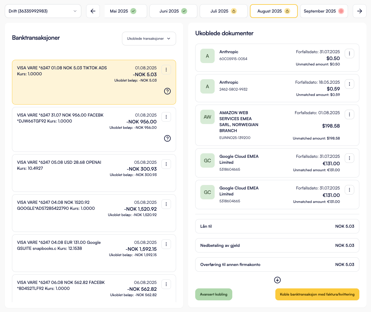 Snapbooks bankavstemming - oversikt over banktransaksjoner og ukoblede dokumenter