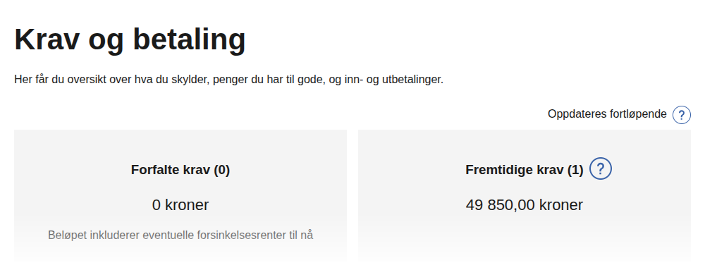 Krav og betaling hos Skatteetaten med forfalte og fremtidige krav