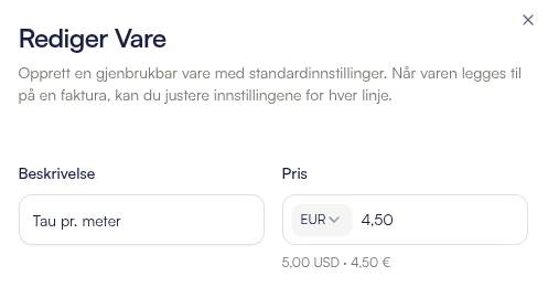 Rediger vare i Snapbooks: samme vare med egen pris per valuta - 4,50 € i EUR og 5,00 i USD